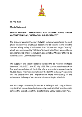 19 July 2021 Media Statement SELVAX INDUSTRY