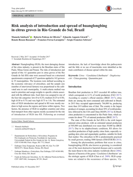 Risk Analysis of Introduction and Spread of Huanglongbing in Citrus Groves in Rio Grande Do Sul, Brazil