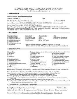 Historic Site Form - Historic Sites Inventory Park City Municipal Corporation (10-08)