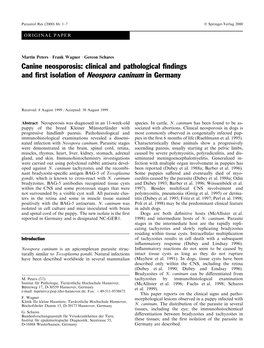 Canine Neosporosis: Clinical and Pathological ®Ndings and ®Rst Isolation of Neospora Caninum in Germany