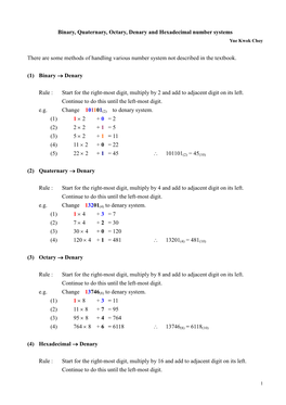 Binary, Quaternary, Octary, Denary and Hexadecimal Number Systems Yue Kwok Choy