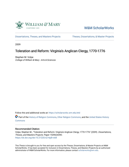 Toleration and Reform: Virginia's Anglican Clergy, 1770-1776