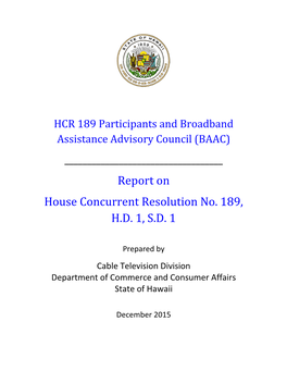 Report on House Concurrent Resolution No. 189, HD 1, SD 1