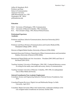 Jeffrey B. Rutenbeck, Ph.D. Professor and Dean School of Communication American University 4400 Massachusetts Ave