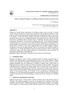 Study of Roof Collapse in Rohtang Tunnel During Construction/JRMTT 22(1), 2016, 11-20