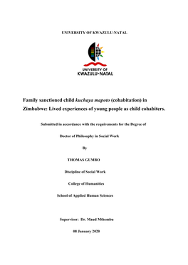 Family Sanctioned Child Kuchaya Mapoto (Cohabitation) in Zimbabwe: Lived Experiences of Young People As Child Cohabiters