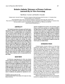 Relative Salinity Tolerance of Potato Cultivars Assessed by &lt;Emphasis Type="Italic"&gt;In Vitro &lt;/Emphasis&gt; S