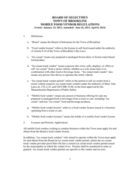 MOBILE FOOD VENDOR REGULATIONS (Voted: January 24, 2012; Amended: June 26, 2013, April 8, 2014)