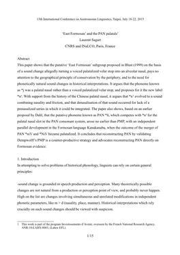 'East Formosan' and the PAN Palatals1 Laurent Sagart CNRS and Inalco, Paris, France Abstract This Paper Shows That the Putat