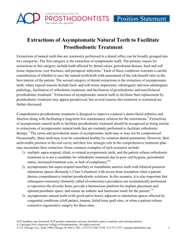 Extractions of Asymptomatic Natural Teeth to Facilitate Prosthodontic Treatment