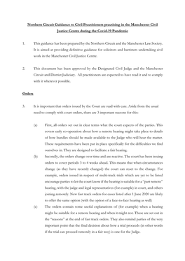 Northern Circuit Guidance to Civil Practitioners Practising in the Manchester Civil Justice Centre During the Covid-19 Pandemic