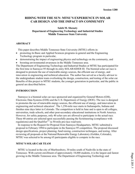 Mtsu's Experience in Solar Car Design and the Impact on Community