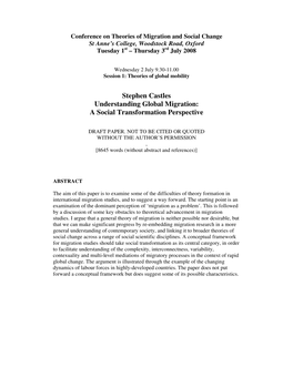 Stephen Castles Understanding Global Migration: a Social Transformation Perspective