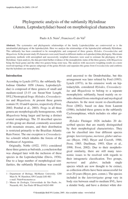 Phylogenetic Analysis of the Subfamily Hylodinae (Anura, Leptodactylidae) Based on Morphological Characters