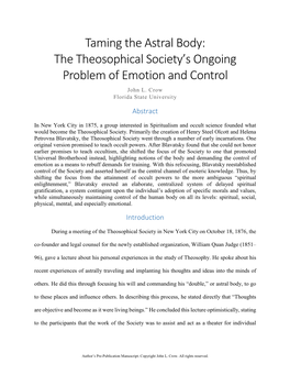 The Theosophical Society's Ongoing Problem of Emotion and Control