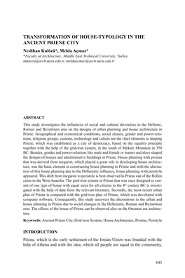 Transformation of House-Typology in the Ancient Priene City