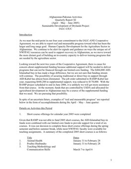 Afghanistan-Pakistan Activities Quarterly Report XI (April – May – June 2005) Sustainable Development of Drylands Project IALC-UIUC