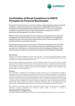 Confirmation of Broad Compliance to IOSCO Principles for Financial Benchmarks