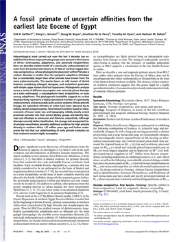 A Fossil Primate of Uncertain Affinities from the Earliest Late Eocene of Egypt