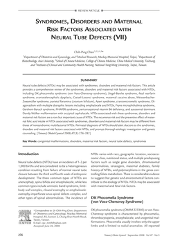 Syndromes, Disorders and Maternal Risk Factors Associated with Neural Tube Defects (Vii)