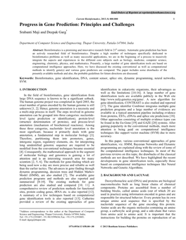 Progress in Gene Prediction: Principles and Challenges Srabanti Maji and Deepak Garg*