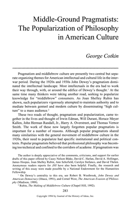 Middle-Ground Pragmatists: the Popularization of Philosophy in American Culture