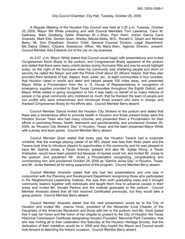 NO. 2005-1008-1 City Council Chamber, City Hall, Tuesday, October 25, 2005 a Regular Meeting of the Houston City Council Was