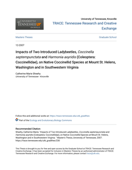 Impacts of Two Introduced Ladybeetles, Coccinella Septempunctata and Harmonia Axyridis (Coleoptera: Coccinellidae), on Native Coccinellid Species at Mount St