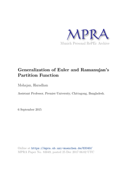 Generalization of Euler and Ramanujan's Partition Function