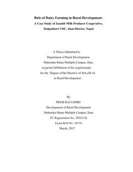 Role of Dairy Farming in Rural Development: a Case Study of Janahit Milk Producer Cooperative, Maipokhari VDC, Ilam District, Nepal