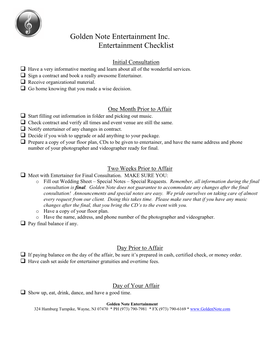 Golden Note Entertainment Inc. Entertainment Checklist