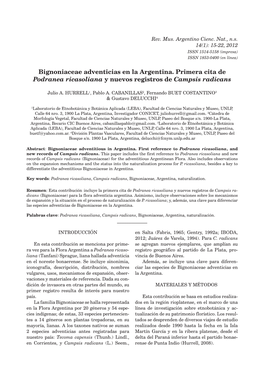 Bignoniaceae Adventicias En La Argentina. Primera Cita De Podranea Ricasoliana Y Nuevos Registros De Campsis Radicans