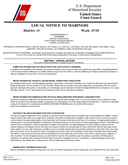 U.S. Department of Homeland Security United States Coast Guard LOCAL NOTICE to MARINERS