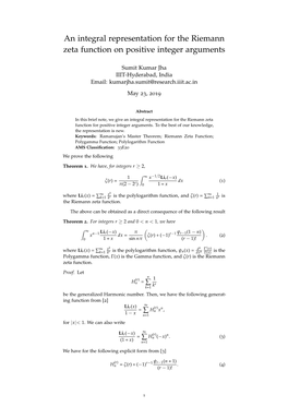 An Integral Representation for the Riemann Zeta Function on Positive Integer Arguments