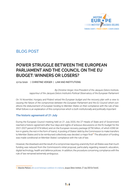 Power Struggle Between the European Parliament and the Council on the Eu Budget: Winners Or Losers?