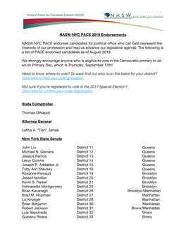 NASW-NYC PACE 2018 Endorsements NASW-NYC PACE Endorses Candidates for Political Office Who Can Best Represent the Interests