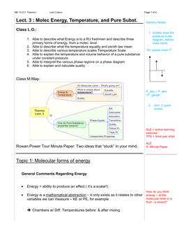 Lect. 3 : Molec Energy, Temperature, and Pure Subst. Topic 1: Molecular