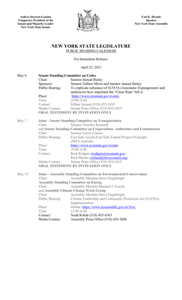 New York State Legislature Public Hearing Calendar