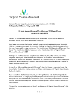 Virginia Mason Memorial President and CEO Russ Myers to Retire in Early 2020