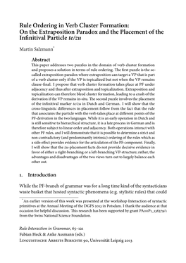 Rule Ordering in Verb Cluster Formation: on the Extraposition Paradox and the Placement of the Infinitival Particle Te/Zu