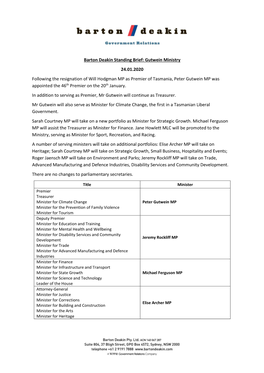 Barton Deakin Standing Brief: Gutwein Ministry 24.01.2020 Following the Resignation of Will Hodgman MP As Premier of Tasmania