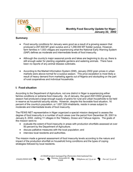 Monthly Food Security Update for Niger: January 22, 2002 Summary I