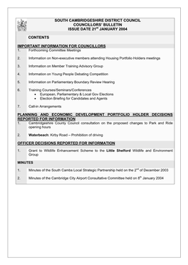 SOUTH CAMBRIDGESHIRE DISTRICT COUNCIL COUNCILLORS’ BULLETIN ISSUE DATE 21St JANUARY 2004