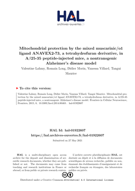 Mitochondrial Protection by the Mixed Muscarinic/O1 Ligand ANAVEX2-73