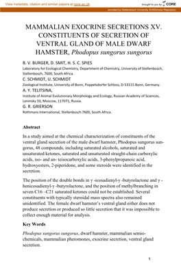 MAMMALIAN EXOCRINE SECRETIONS XV. CONSTITUENTS of SECRETION of VENTRAL GLAND of MALE DWARF HAMSTER, Phodopus Sungorus Sungorus