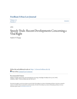 Speedy Trials: Recent Developments Concerning a Vital Right Stephen F