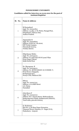 Candidates Called for Interview on 15.02.2021 for the Post of Assistant Registrar