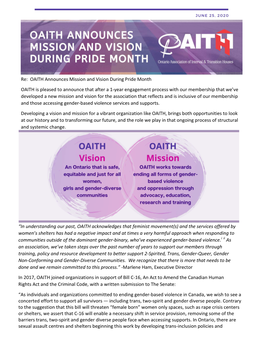 Re: OAITH Announces Mission and Vision During Pride Month OAITH Is Pleased to Announce That After a 1-Year Engagement Process W