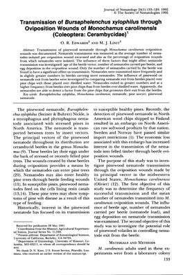 Transmission of Bursaphelenchus Xylophilus Through Oviposition Wounds of Monochamus Carolinensis (Coleoptera: Cerambycidae)L