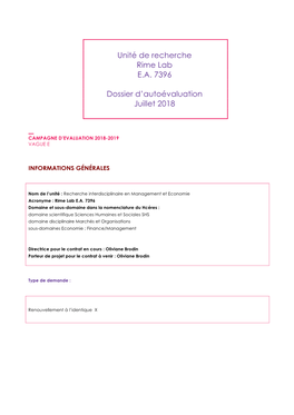 Unité De Recherche Rime Lab E.A. 7396 Dossier D'autoévaluation